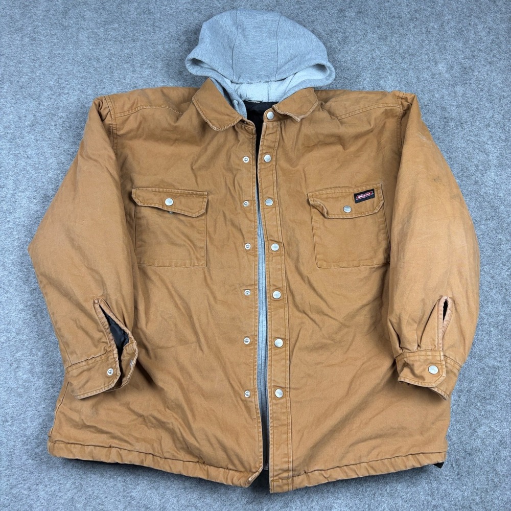 Dickies Hooded Canvas Jacket Mens Large Tan Brown Quilted Lined Workwear Coat - Picture 2 of 11